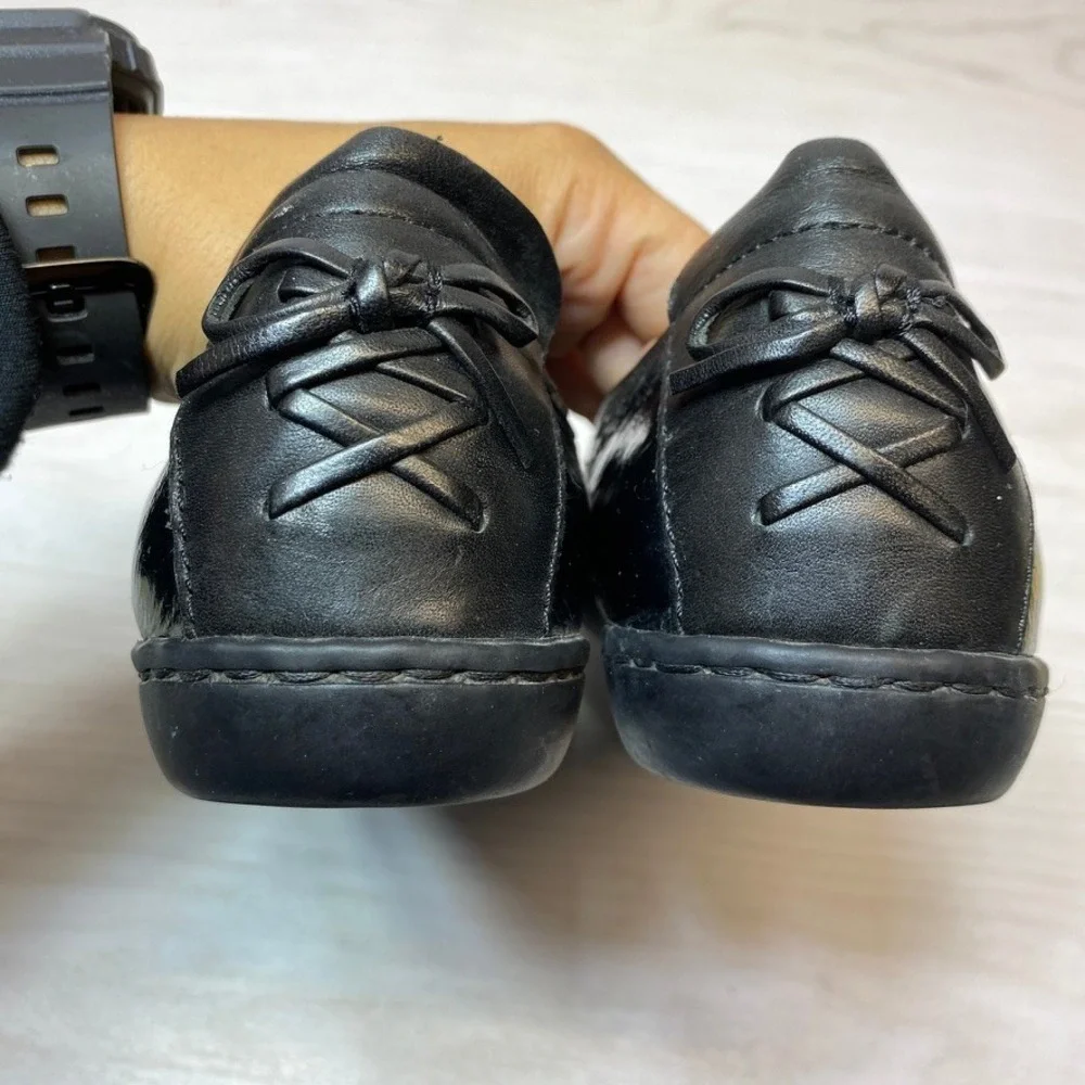 Born Womens 7 Ballet Flats Scalloped Trim Bow Heel Black Leather Slip On W0394